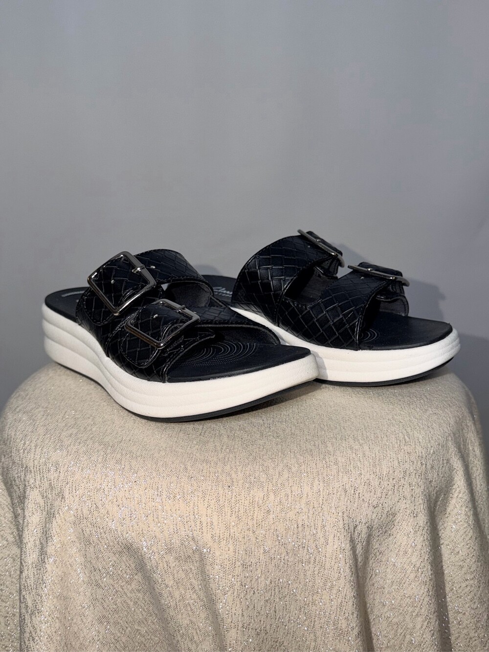 Clarks Cloudsteppers Drift Buckle Woven Black Wedge Slide Sandals Womens Size -